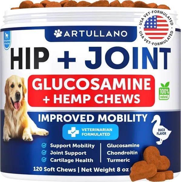 AURA Hip + Joint - 120 Masticables con Glucosamina y Cáñamo para Movilidad.
